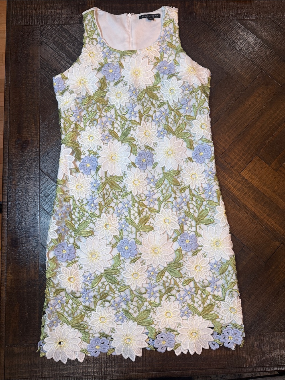 Boston Proper Floral Lace Overlay Dress White Blue Green Size 6 - Picture 9 of 10
